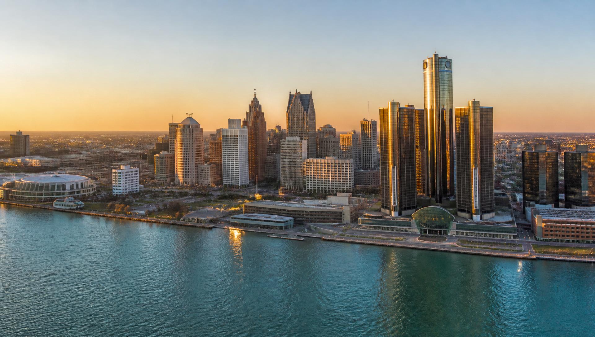 Detroit skyline at golden hour